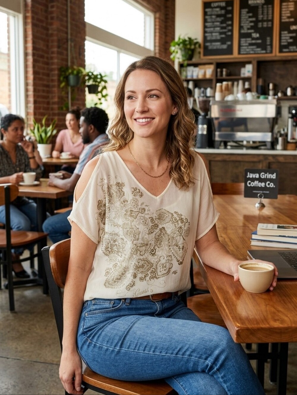 Guess Sheer Cream Short-Sleeve V-Neck Top with Metallic Print